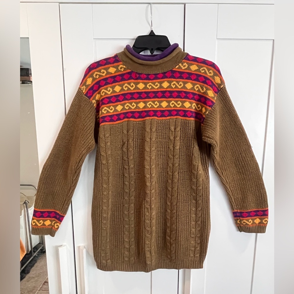 Pronto Moda Whimsical Pattern Olive Knit Sweater Size L